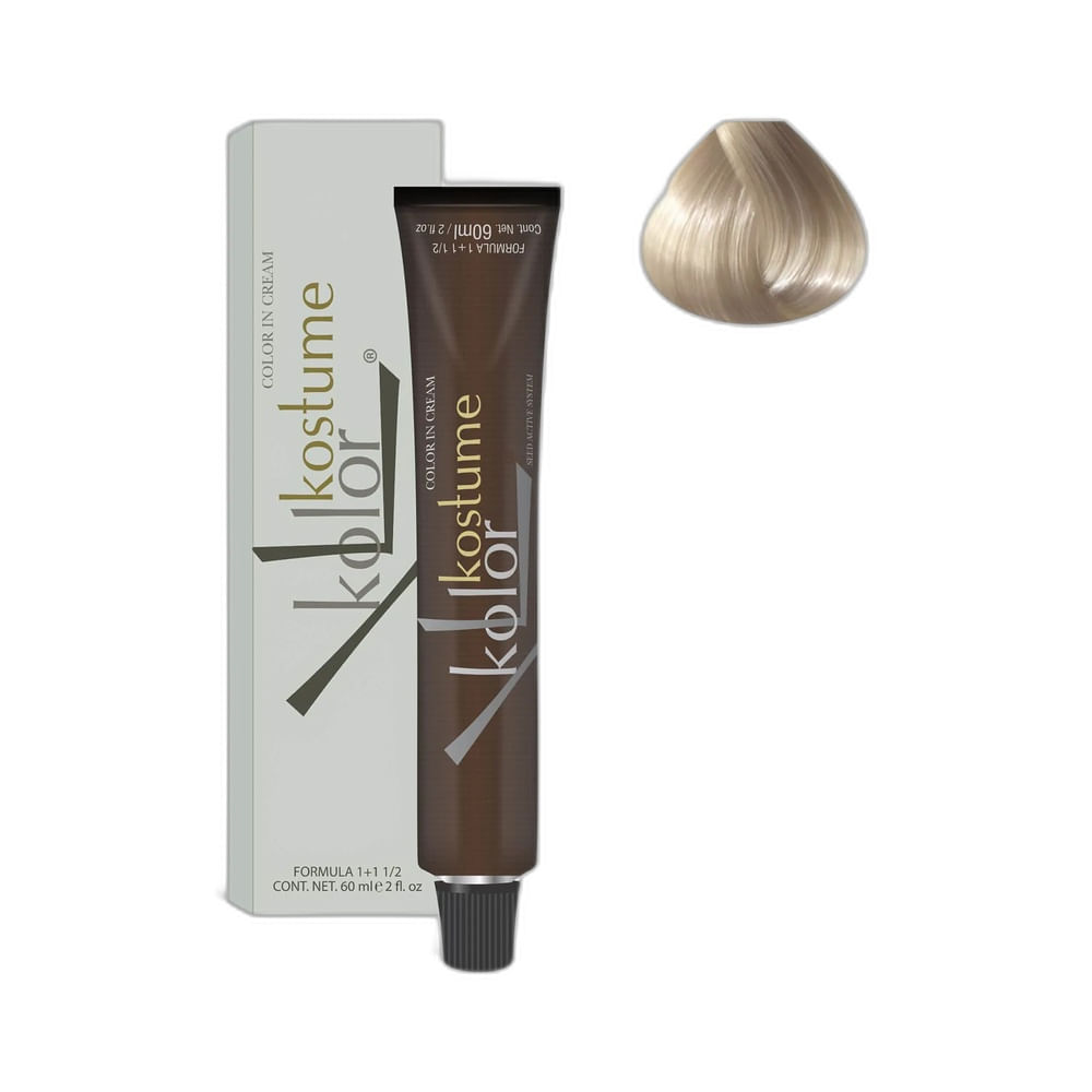 Embalagem da Coloração Kostume Kolor 10.89 Loiro Claríssimo Pérola com tubo e amostra da cor perolada